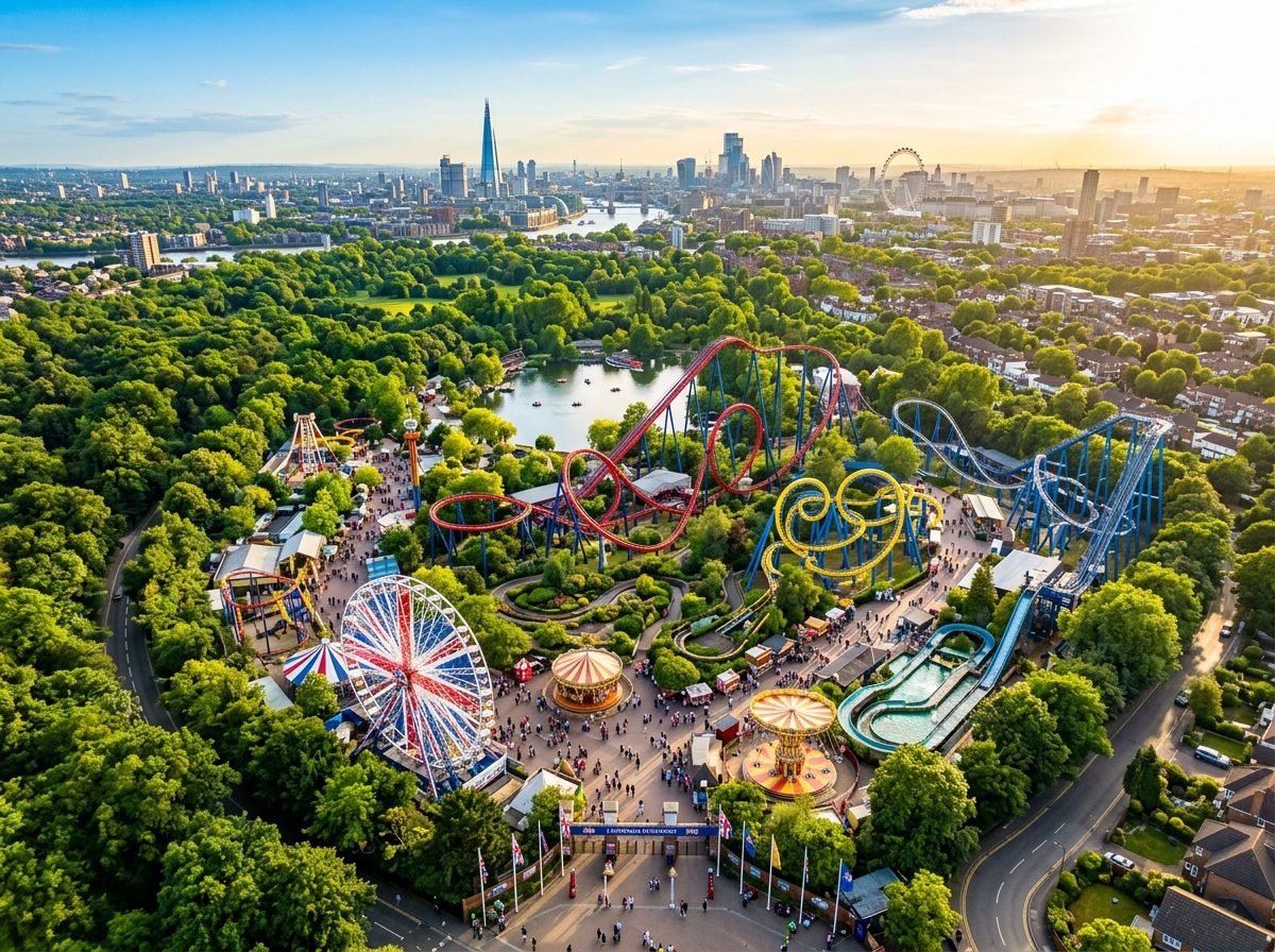 London theme park aerial overview